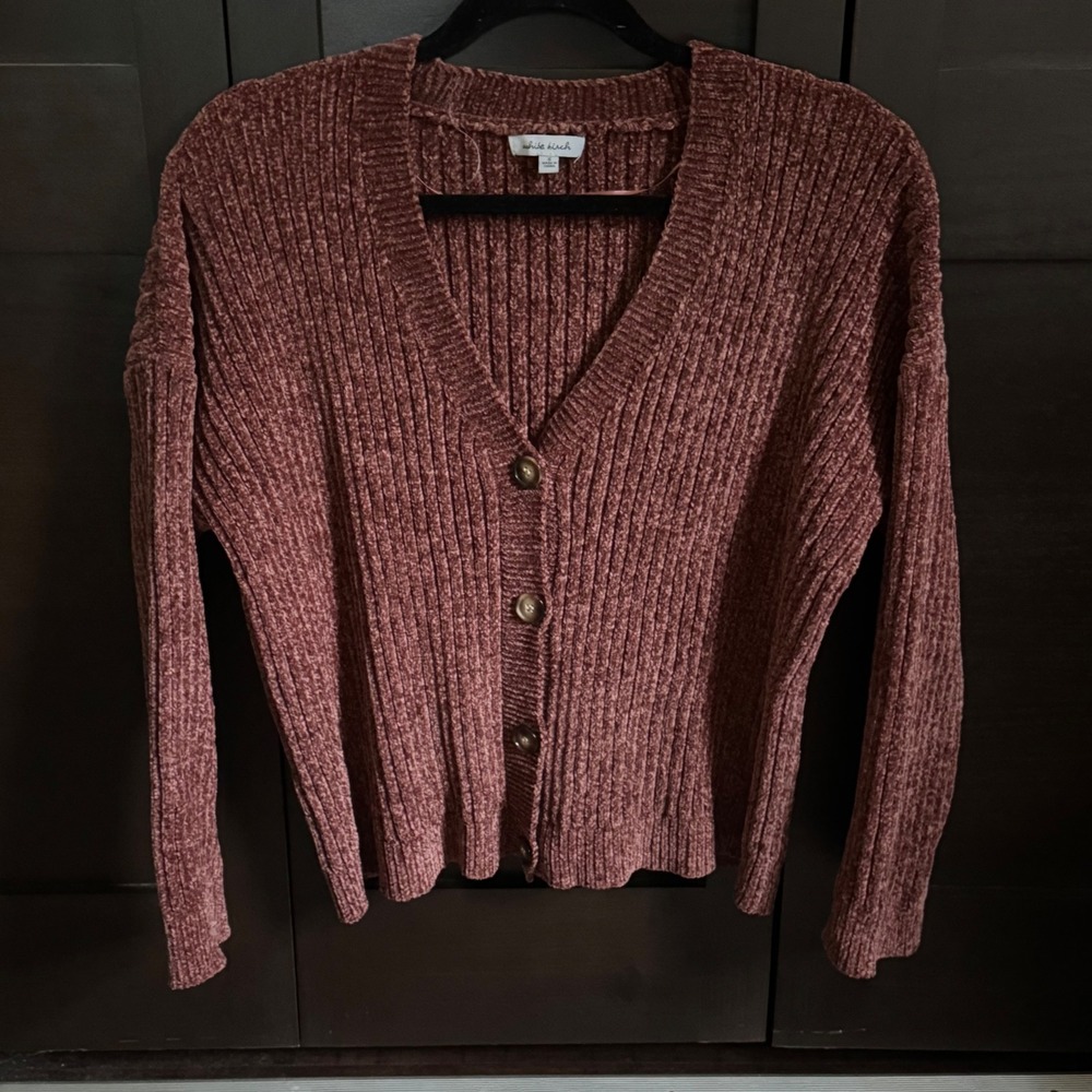 White Birch Women Burgandy Cardigan Ribbed Chenille V-Neck Size Small Good
